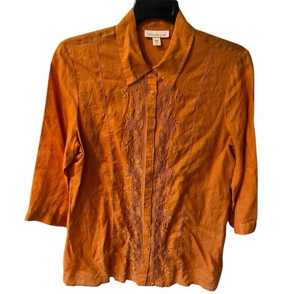 Coldwater Creek Blouse Womens L Orange Ramie Embroidered Button Up Shirt Top - Picture 1 of 8